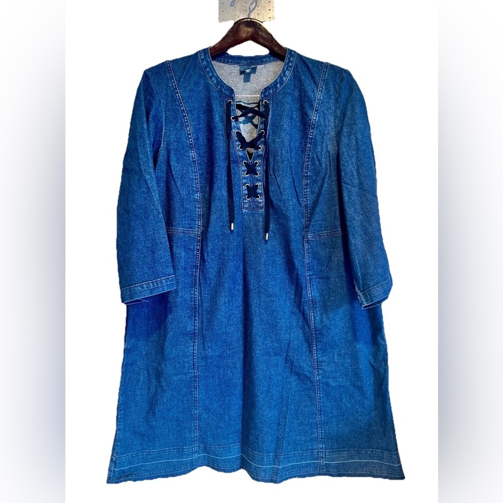 J Jill Lace Up Stretch Denim Dress Pockets Raw Hem Boho Western Modern XL Petite